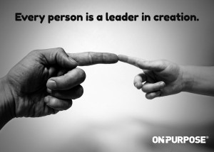 Image of two hands with one finger of each touching, with the quotation "Every person is a leader in creation."