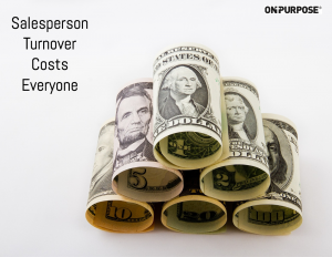 Salesperson turnover costs everyone. Rolled up paper money of various dollar amounts.