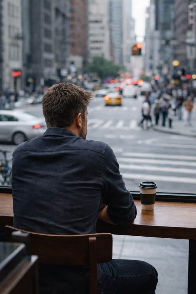 Forlorn man contemplating his life over coffee while looking a people running around like ants.