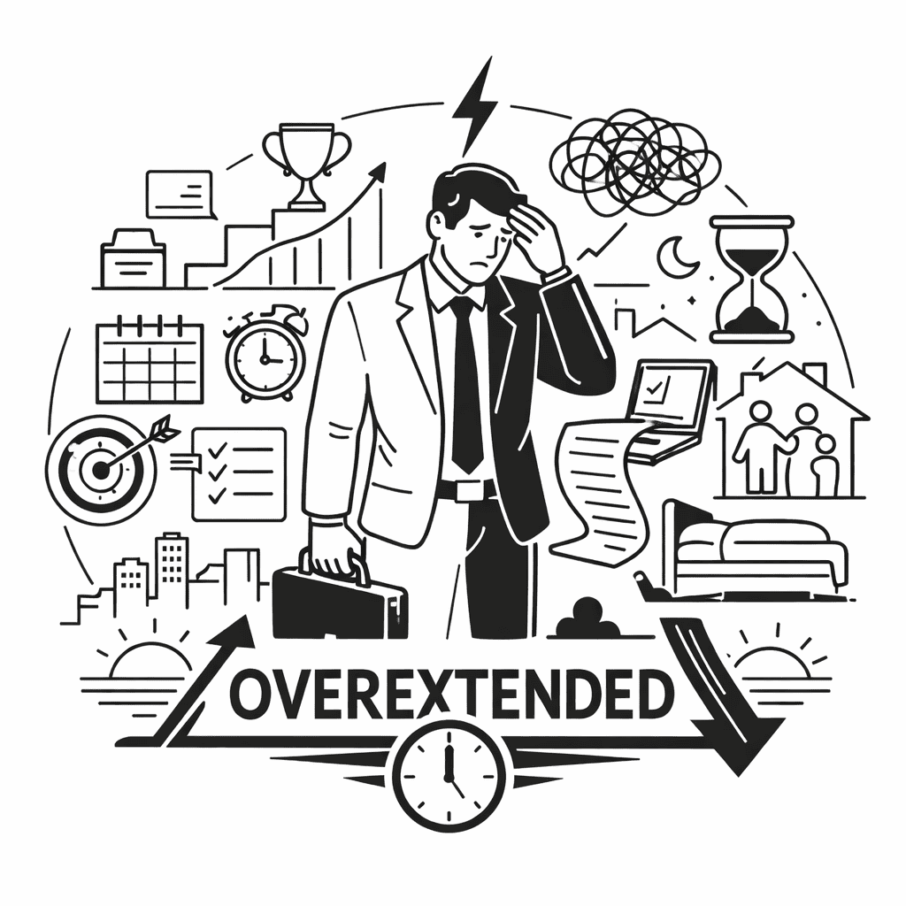 Businessman overwhelmed by stress and chaos, symbolizing overextension and burnout.